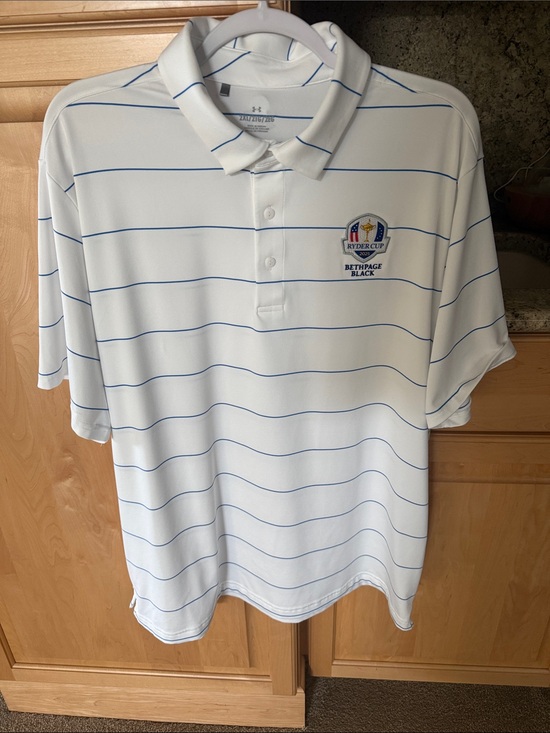 Under Armour Other - Under Armour White Polo with Thin Blue Stripes and Ryder Cup Bethpage Black